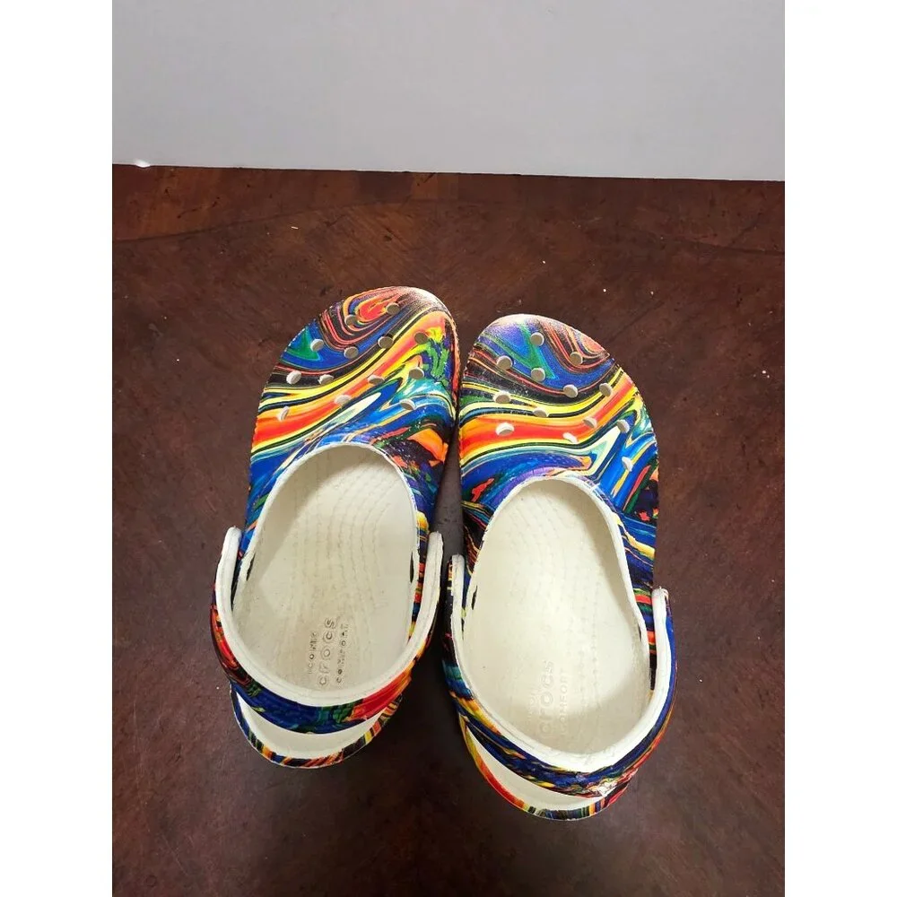 CROCS Classic Clogs Kids Multicolor Psychedelic Swirl Pattern Comfort Shoes Size